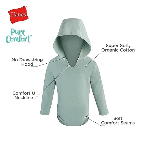 Hanes baby-girls Pure Comfort Long Sleeve Hoodie Bodysuits, Infant Bodysuits, Unisex, 3-pack3