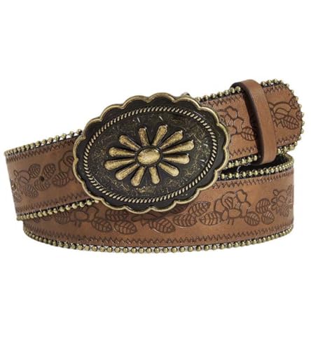 Brown Western Belt for Women Cowgirls Vintage Buckle Leather Belts for Jeans Pant Men Cowboys Belt - Main Image