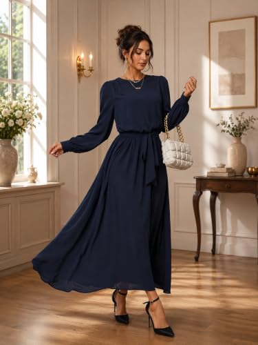 Image of LITZO Women's One Piece Dress - Georgette Solid Color Western Gown | Long Sleeve Round Neck Fit & Flare Flared Hem Design | A-Line Maxi Dress for Women | New Year Party Outfit (NO-14-16)