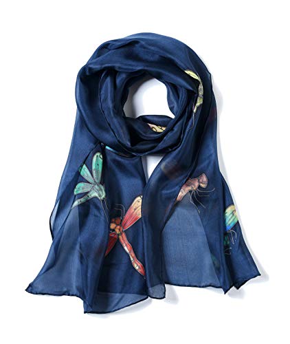 Invisible World Women's 100% Mulberry Silk Scarf Long Hand Painted Dragonfly