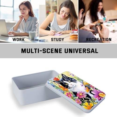 Image of Metal Tin Box with Lid,Multi-functional Storage Large Box Can Store Tea Biscuits Game Cards, Playing & Tarot Cards-Comes with 4 Magnetic Cord Clips,Tuxedo Cat in Flowers