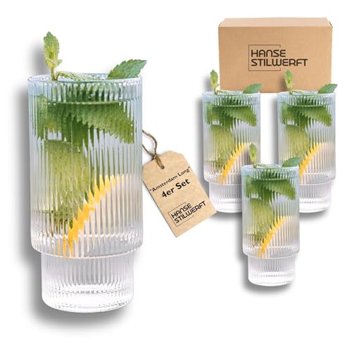Hanse Stilwerft® 'Amsterdam Long Gläser-Set, 4 Stück, für Heiß- & Kaltgetränke, 310 ml, Latte Macchiato-Gläser, Cappuccinoglas, Kaffeegläser, Iceed-Coffee-Glas Longdrinkglas (4x 310ml)