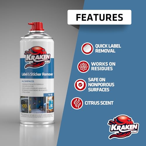 Image of KRAKEN BOND Label & Sticker Remover Spray - (12x5oz) Quick-Dissolve Adhesive Remover Spray with Citrus Scent, Removes Tar, Tape & Bumper Stickers on Multiple Surfaces, No Damage to Paint, 12 Pack