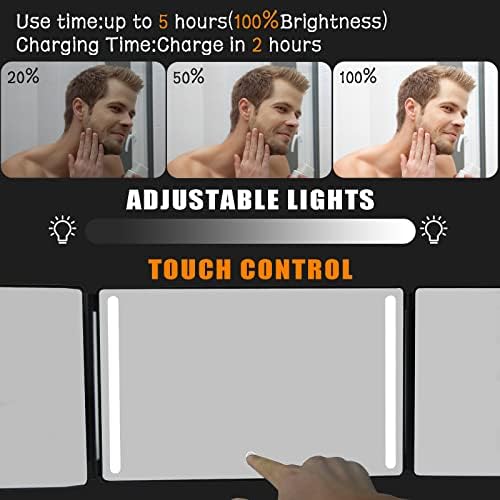 Auptiz Tri-fold Vanity Hanging Mirror( Foldable), with Touch Switch & LED Lighting- Dimmable and Adjustable Height Brackets, for Makeup/ Washing/ Haircut/ Shower/ Shaving- USB Powered