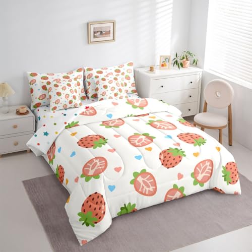 Image of 7 Pcs Cartoon Strawberry Bedding Sets Queen Size Colorful Lovely Hearts Decor Comforter Set Cute Fruits Romantic Style Bed in a Bag with Comforter,Flat Sheet,Fitted Sheet,2 Pillowcases,2 Pillow Covers