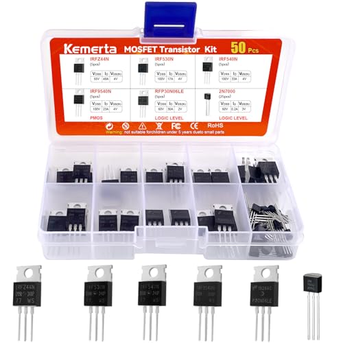 Kemerta 6 Values 50 Pcs MOSFET Transistor Assortment Kit, IRFZ44N IRF530N IRF540N RFP30N06LE 2N7000 IRF9540 N Channel P Channel，Logic Level PMOS NMOS Kit，for Power Switching Application