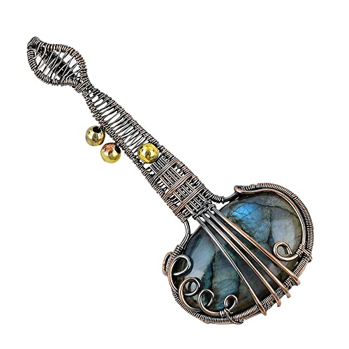 Guitar Shaped Gemstone Pendant Copper Wire Wrapped Jewelry Necklace