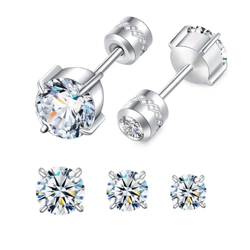 Hopply 3 Pairs Hypoallergenic Titanium Earrings for Sensitive Ears,Screw Back Surgical Stainless Steel 5A Cubic Zirconia Piercing Sleeper Stud Earrings