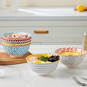 Ceramic Soup Bowls Set 24 Oz Deep Cereal Bowl 6 Inch Large Kitchen Dinner Bowl Eating Pasta Salad Dessert Noodle Rice Oatmeal Microwave Dishwasher Safe Set of 6 Assorted Colors
