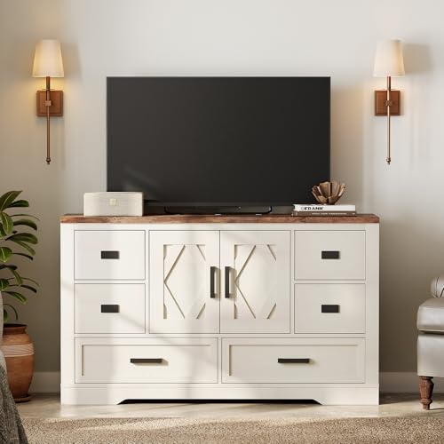 Image of WAMPAT 54 inch W Large Sideboard Buffet Cabinet with Storage,Wood Farmhouse Sideboard Table with Barn Doors and Drawers for Kitchen,Dining Room,Coffee Bar,Antique White