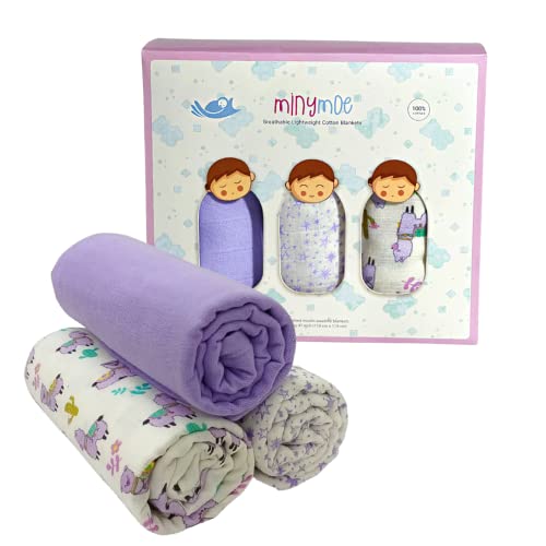 Image of MINYMOE Organic Muslin Swaddle Blankets Baby Girl, 3 Ultra-Absorbent and Soft Cotton Receiving Blankets Girl Set (47"x47"), Lightweight Baby Blanket