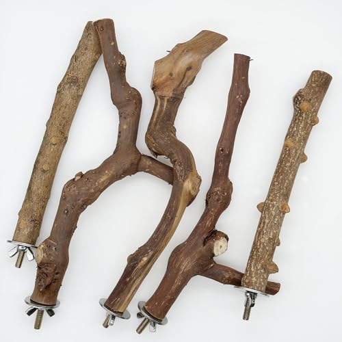 Image of Woohome 5 PCS Natural Grape Stick Natural Wooden Parrot Stand, 3 Grape Wood Perch, 2 Stand, Paw Grinding Fork Bird Perch Stand for Cage Accessorie, Cockatiels, Small Birds