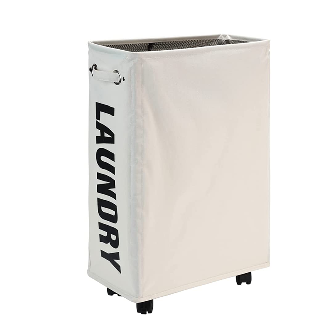 ANTOLE Laundry Baskets, 22inch Rolling Laundry Hamper Collapsible,Stand Waterproof Sorter and Organizer on Wheels Tall Thin Dirty Laundry Hamper Basket Home Corner Bin,Dustproof Laundry Carts (White)
