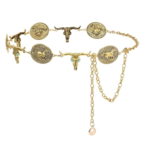 Image of WHIPPY Western Metal Concho Belt for Women Vintage Cowgirl Boho Turquoise Chain Belts for Dresses Jeans