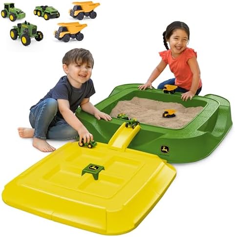 John Deere Sandbox Playset with Protective Cover, Includes 5 Realistic Trucks & Tractors, Perfect Outdoor Sand Toy for Kids, Imaginative Play & Active Backyard Fun
