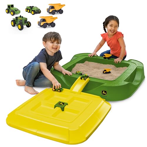 John Deere Sandbox Playset with Protective Cover, Includes 5 Realistic Trucks & Tractors, Perfect Outdoor Sand Toy for Kids, Imaginative Play & Active Backyard Fun