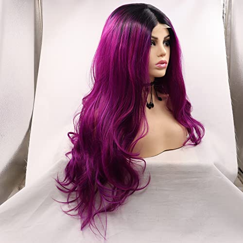 Xiweiya Dark Purple Wigs with Dark Roots Long Wavy Wig Purple Color Hair Synthetic 4 * 1 Lace Full Machine Made Wig Heat Resistant Fiber Middle Parting for Women Cosplay Makeup Party 24 Inches - Image 4
