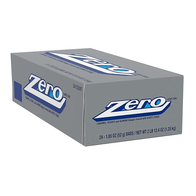 Zero Candy Bars Each Caramel Peanut and Almond Nougat Covered with White Fudge Classic Retro Chocolate Free Candy Bar 24 Pack 1.85 oz (24 Count)