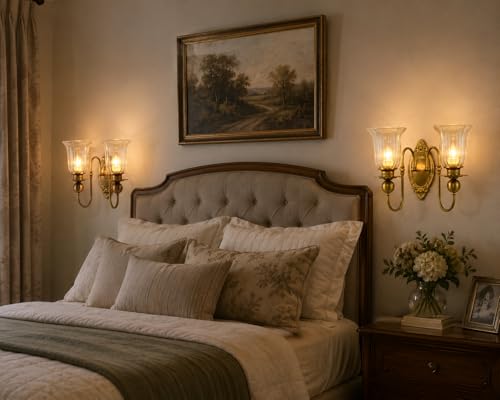 Image of Italian Wall Light, Double Golden Glass Shade, European Antique Brass Finish Lamp for Bedroom, Living Room, Drawing Room, Lobby, Hall, Room Decortion, Cafe, Hotel with Filament Bulb, Gold