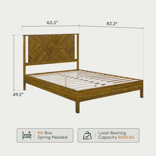 Image of Bme Ethan Queen Bed Frame with Diamond Headboard, Mid-Century Modern, Solid Acacia Wood, No Box Spring Needed, Fits All Mattresses, Rustic Brown
