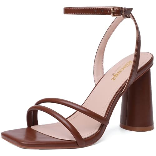 Image of RIBONGZ Block Heels Prom Heeled Sandals for Women Chunky Square Open Toe Strappy High Heels Ankle Strap Wedding Bridal Shoes High Heel Sandals for Party Dress
