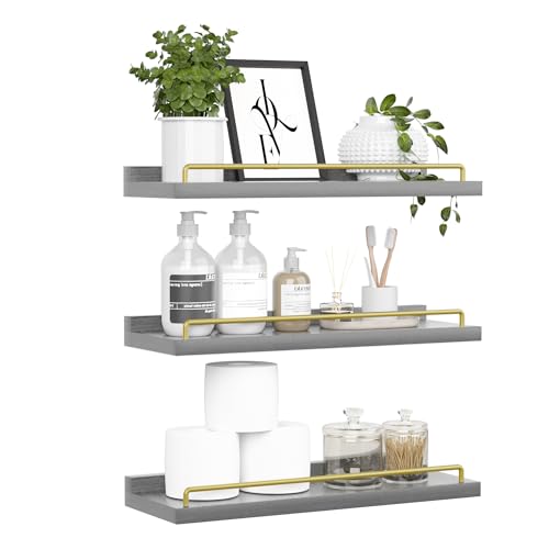 RYOFOBETTO Floating Shelves for Wall Decor, Grey and Gold Shelves for Bathroom, Living Room, Bedroom, Picture Frames, Plants, Kitchen (Set of 3)