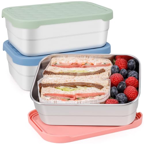 Caperci 25oz Large Stainless Steel Food Containers, 3-Pack Bento Lunch Box with Silicone Lids,...