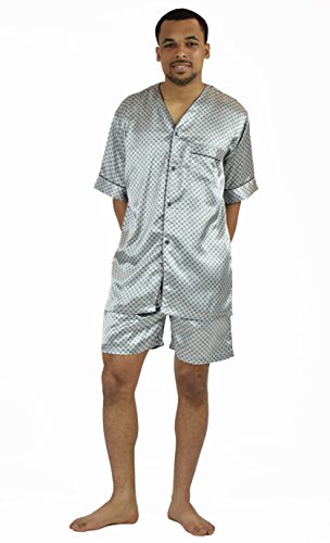 Up2date Fashion Men's Satin Pajamas Set Short Sleeve Tops with Shorts V Neck Button Down Sleepwear 2 Pieces Loungewear3
