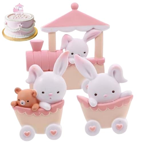 Decoraciones de cumpleaños de conejito juego de 3 adornos para tarta de conejito con pegamento suave y mini tren figura decorativa de para decoración de tarta de cumpleaños.