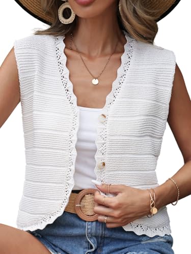 Image of Verdusa Women's Sweater Vest Hollow Out Frill Hem Button Front Fall Fashion Trendy Tops Knitted Cardigan White Khaki Large