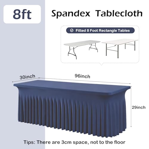 Image of 2 pk Navy Blue Spandex Tablecloth 8ft With Ruffle Table Skirt, Wrinkle Free Stretchy Fitted Tablecloths for 8 Foot Rectangle Tables, Elastic Spandex Table Covers 8ft for Weddings Parties Banquet Craft