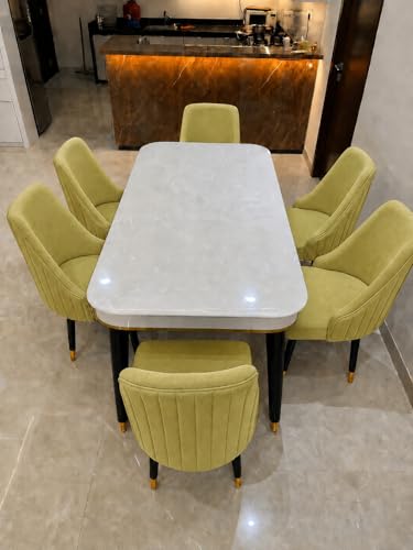 Image of WOODEN SPACE 6-Seater Wooden Dining Table Set | Nano Composite Marble Top | Solid Wood Base | Modern Dining Room Furniture with 6 Chairs (Light Green Infinity Backline)