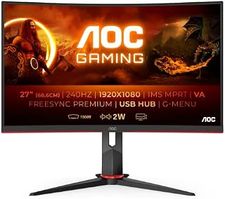 AOC Gaming C27G2ZU - 27 Inch FHD Curved Monitor,240Hz, 0.5ms, VA, AMD FreeSync Premium, Height Adjust, USB Hub, Speakers (1920x1080 @240Hz, 300cdm² / HDMI/DP/USB 3.0)