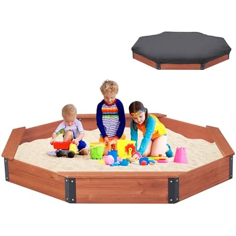 85''x78''x9'' Octagon Sandbox with Cover for Kids Outdoor Play, Wood Large Sandpit with 4 Benches, Quick Easy Install Cover