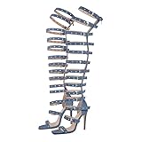richealnini Denim Sandals Gladiator for Women Stiletto High Heels Ankle Strap Heels Buckle Up Canvas Adjustable Buckles Ornamented Strappy Heels Stilettos Heeled Sandals Blue Size 14