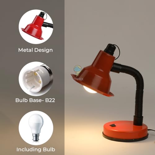 Image of LED Study Table Lamp with Adjustable Flexible Neck | Metal Desk Lamp for Reading, Study, Work from Home & Office Use | Eye Comfort Lighting for Students (Red)