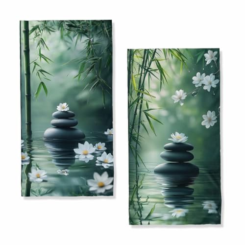 TLCBFF Zen Hand Towels Set of 2, Absorbent Green Bamboo Stones White Flowers Meditation Bathroom Kitchen Towels, Lightweight Breathable Face Towels for Bathroom Gym Hotel