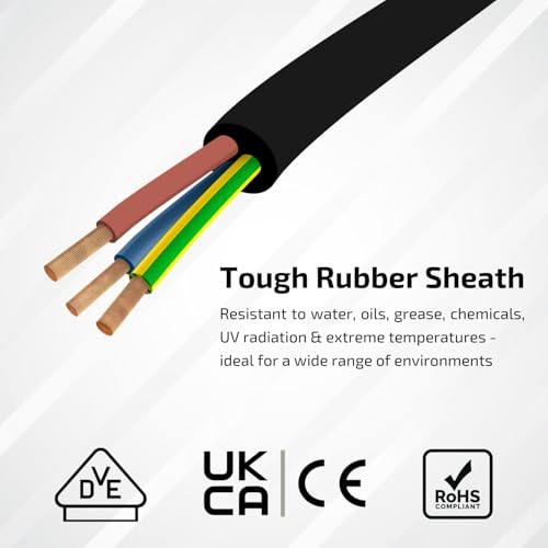 Heavy Duty Flexible Rubber Power Cable, 3 Core, 1.5mm² / 2.5mm², H07RN-F, Indoor/Outdoor Use - Various Lengths (3 Core, 1.5mm² (3G1.5), 2m)