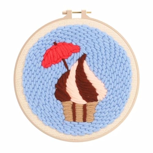 Embroidery Starter Kit Punch Needle Kits with Ice Cream Pattern Fabric Embroidery Hoop Yarn Punch Needle Threader for Adults Kids Beginner