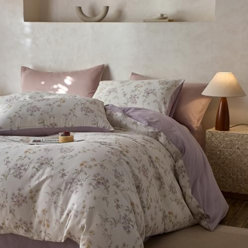 VM VOUGEMARKET Purple Floral Duvet Cover Set Queen Size,Soft Lyocell & Cotton Bedding Set,Breathable & Cool Comforter Cover for Hot Sleeper(3pcs,90x90 Inch)