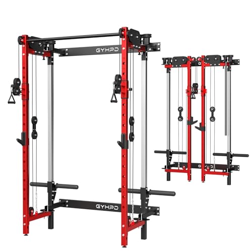 Folding Squat Rack, Wall Mounted Power Rack with Cable Crossover Machine & LAT Pull Down, Heavy Duty 1000lbs Capacity Squat Rack with 5 Adjustable Function Modes, Home GymSpace-Saving Power Cage