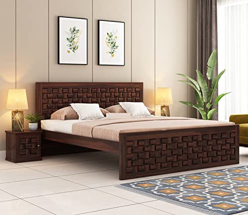Image of Sheesham Wood King Size Bed Without Storage | Wooden Bed King Size Double Cot Palang Bed for Bedroom | Niwar Design Headboard Bed for Living Room | Walnut Finish