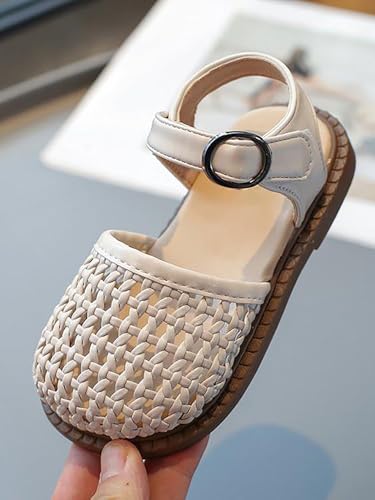 Verdusa Girl's Closed Toe Braided Sandals Summer Vacation Ankle Strap Bowknot Flat Sandals White and Beige 1.52