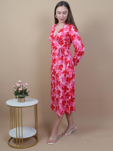 Image of Miga's Women 100% Poly Crepe, V-Neck, Printed and Puff Sleeve, Red, Fit & Flare Midi Dress