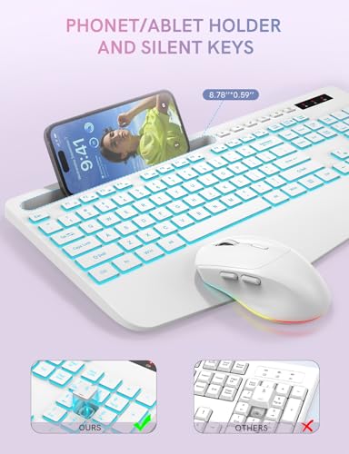 Image of Trueque Wireless Keyboard and Mouse Combo, 4000mAh Rechargeable Backlit Keyboard with Wrist Rest & Phone Holder, Full Size Quiet Typing 2.4G USB-A /Type-C for PC Laptop Windows Mac (Cloud White)