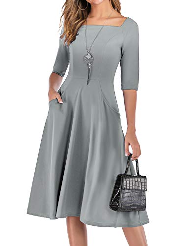 Gardenwed Vestidos de Cóctel Elegante Vestido de Dama de Honor Manga 3/4 Vestidos de Noche para Bodas de Fiesta con Bolsillos Grey XL
