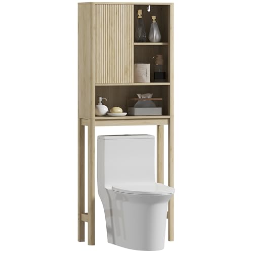 HOMCOM Meuble WC Dessus de Toilette avec Placard à Porte cannelée, Meuble Toilettes WC Rangement, Armoire Salle de Bain avec Compartiments Ouverts et...