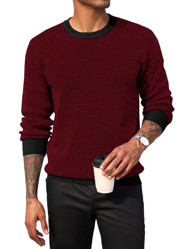 COOFANDY Suéteres para Hombres Jersey De Punto Jerséis De Punto con Cuello Redondo Prendas De Punto Causales De Negocios Suéteres Ligeros Jersey De Invierno Suave Vino Tinto M