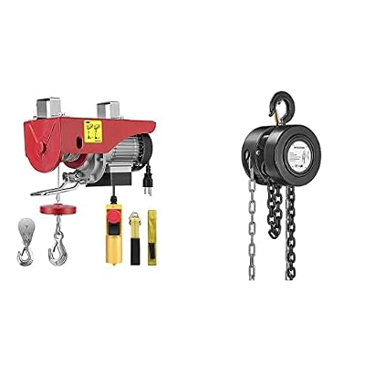 VIVOHOME 120V 440 Lbs Lift Electric Hoist with 10 Feet Manual Hand Chain Block Hoist with 2 Hooks 1 Ton Capacity Black