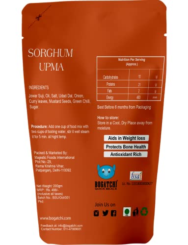 Image of BOGATCHI Jowar UPMA - Ready to Cook AUTHENTIC Sorgum Millet UPMA snacks - 200 g, Ready to Eat Meal and Tasty Instant Meal, 100% Natural Ingredients, No Preservatives, No Artificial Colours&Flavors